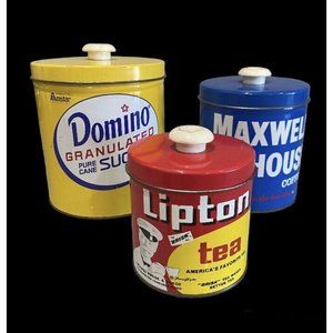 Vintage 1970s Kitchen Tin Canisters Domino Sugar, Maxwell House Coffee, Lipton